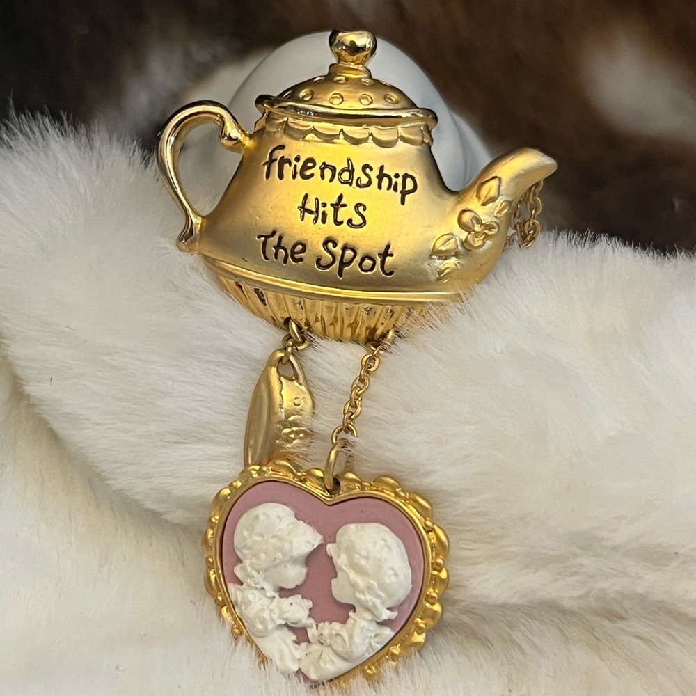 Precious Moments tea pot friendship brooch